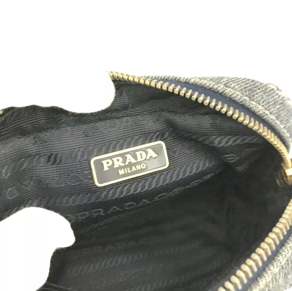 PRADA LOGO PLATE DENIM COSMETIC POUCH BAG BLUE - Picture 7 of 12